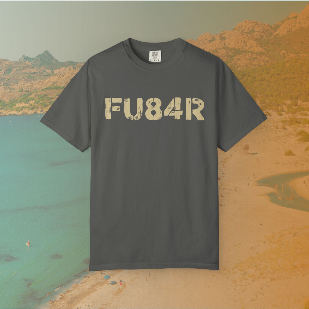grey t-shirt Graphic T-shirt featuring the large, distressed, military-style stencil text "FU84R" (a numeric replacement for FUBAR)