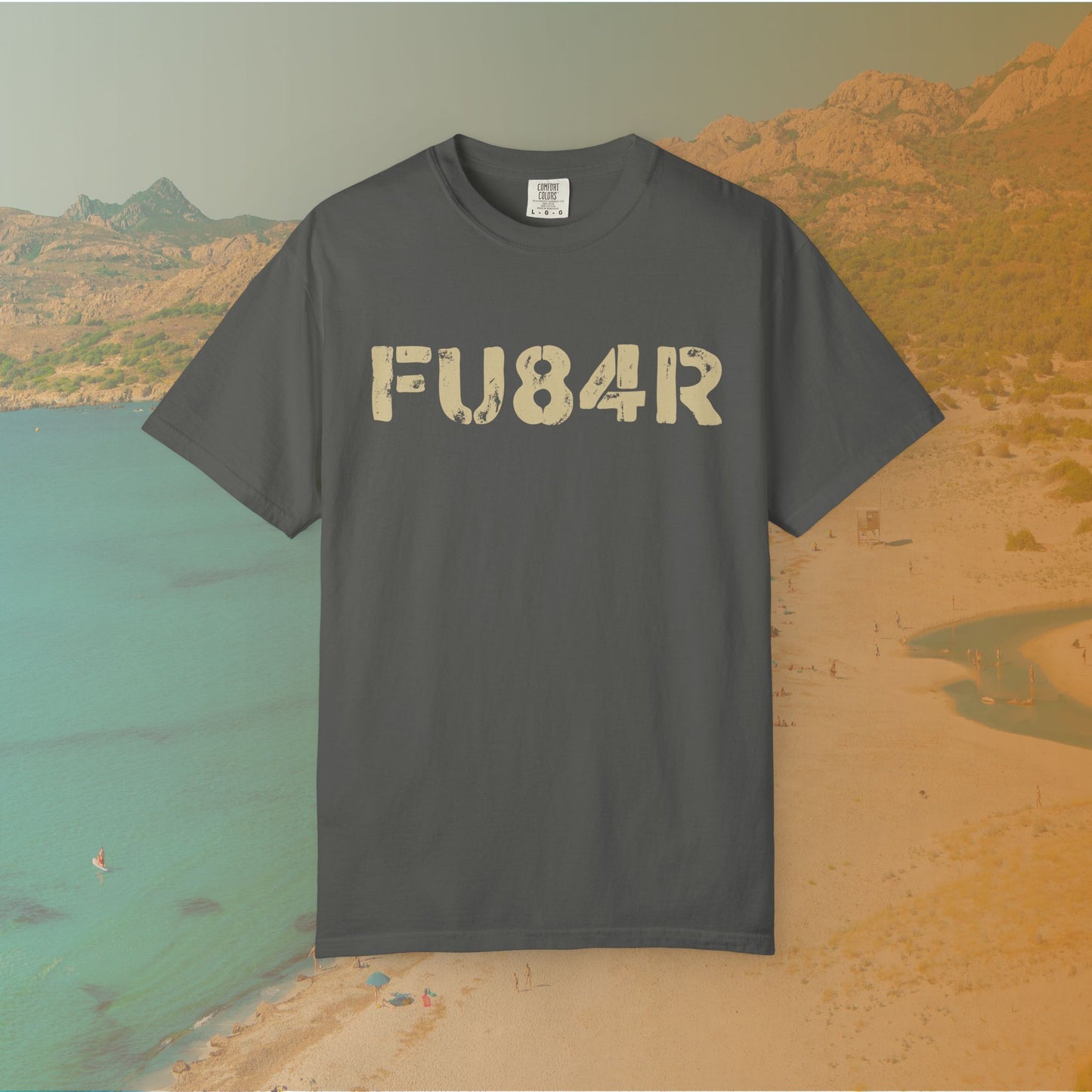 grey t-shirt Graphic T-shirt featuring the large, distressed, military-style stencil text "FU84R" (a numeric replacement for FUBAR)