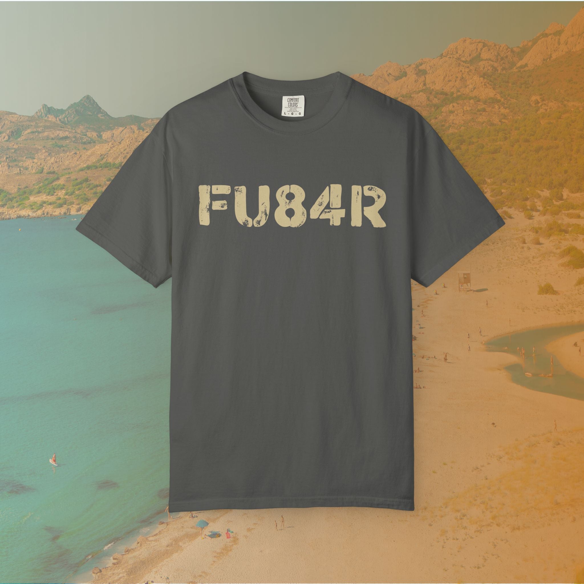 grey t-shirt Graphic T-shirt featuring the large, distressed, military-style stencil text "FU84R" (a numeric replacement for FUBAR)