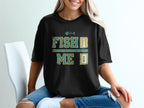 Black t-shirt with "FISH 1 ME 0" and a fish skeleton graphic.