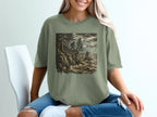 Illustration of Bigfoot on a cliff overlooking stormy ocean waves.