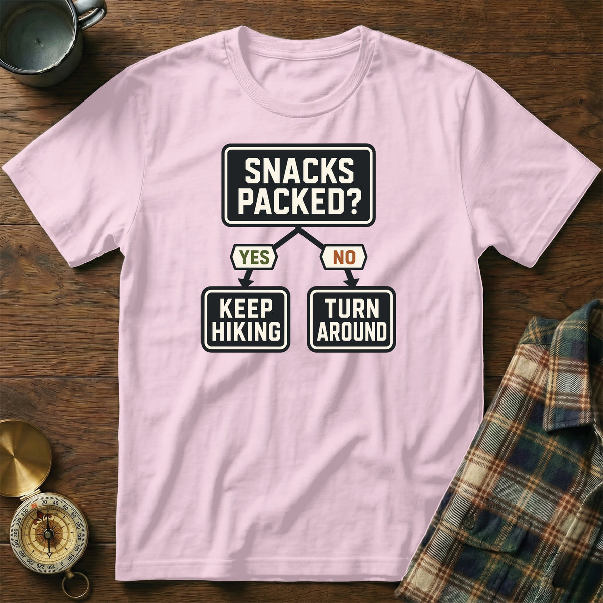Pink t-shirt with flowchart graphic: "Snacks Packed?" Yes: "Keep Hiking." No: "Turn Around."