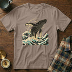 T-shirt with humpback whale breaching in crashing ocean waves, in a retro style.