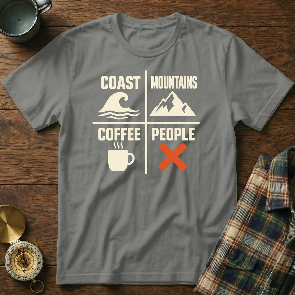 Gray t-shirt with "Coast Mountains Coffee People" graphic and icons, and an orange X.