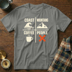 Gray t-shirt with "Coast Mountains Coffee People" graphic and icons, and an orange X.