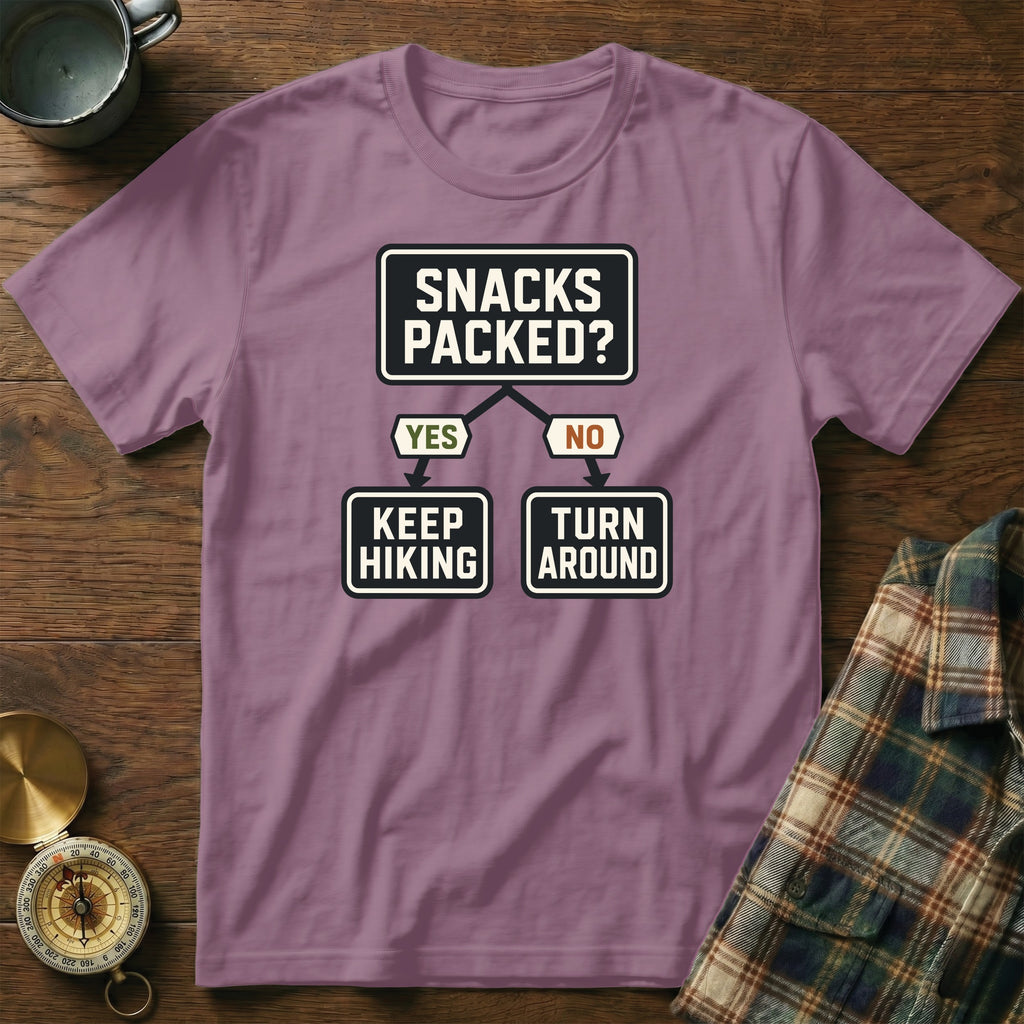 Purple t-shirt with "Snacks Packed?" flowchart: Yes keep hiking, No turn around.