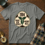 Grey t-shirt with a graphic of 1984, Brave New World, and Fahrenheit 451.