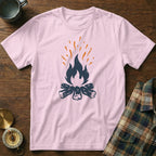 Pink t-shirt with navy blue campfire graphic and orange sparks.