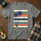 Two palm trees against colorful striped background with sailboat.