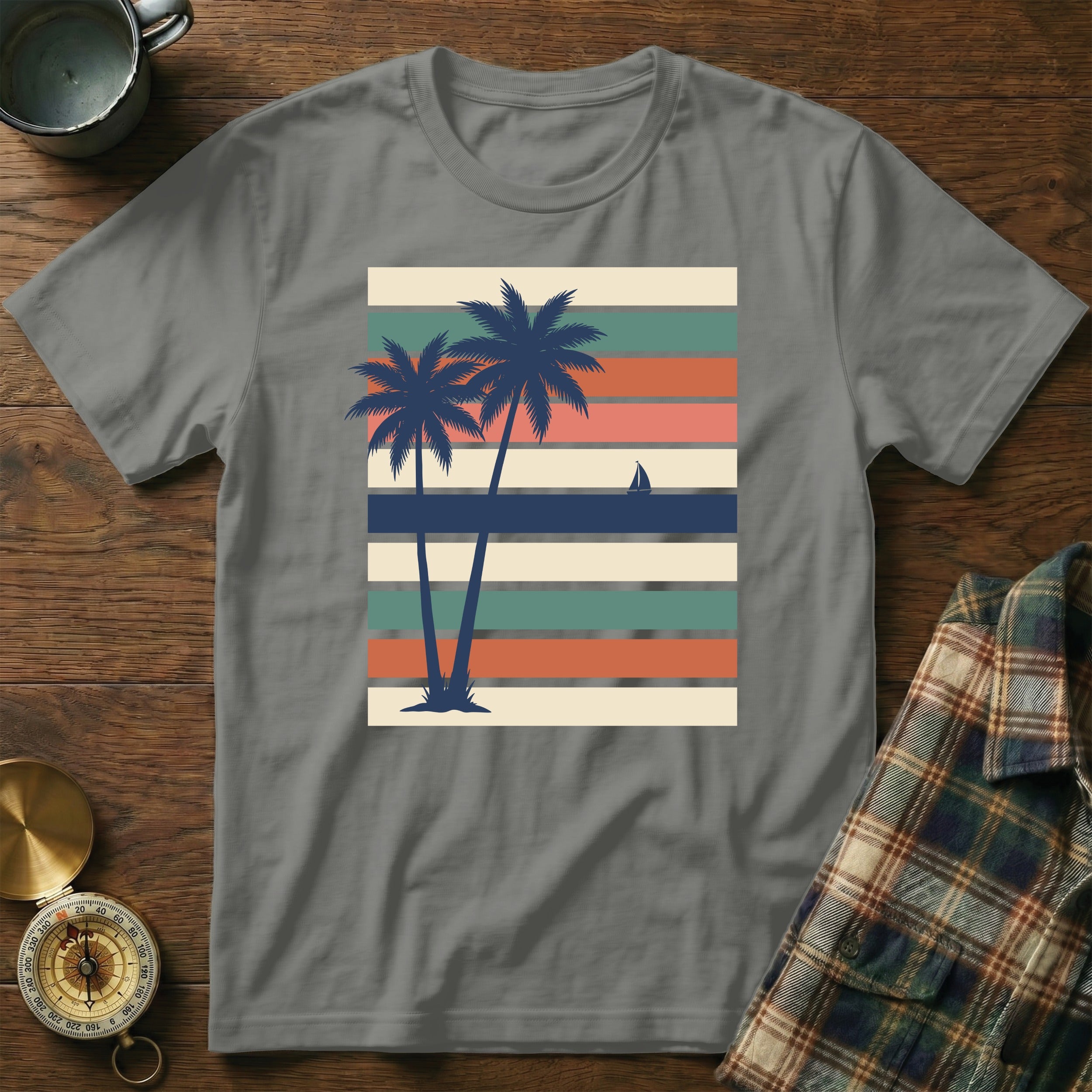 Two palm trees against colorful striped background with sailboat.