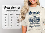 A Comfort Colors 1717 t-shirt size chart alongside a woman wearing the shirt.