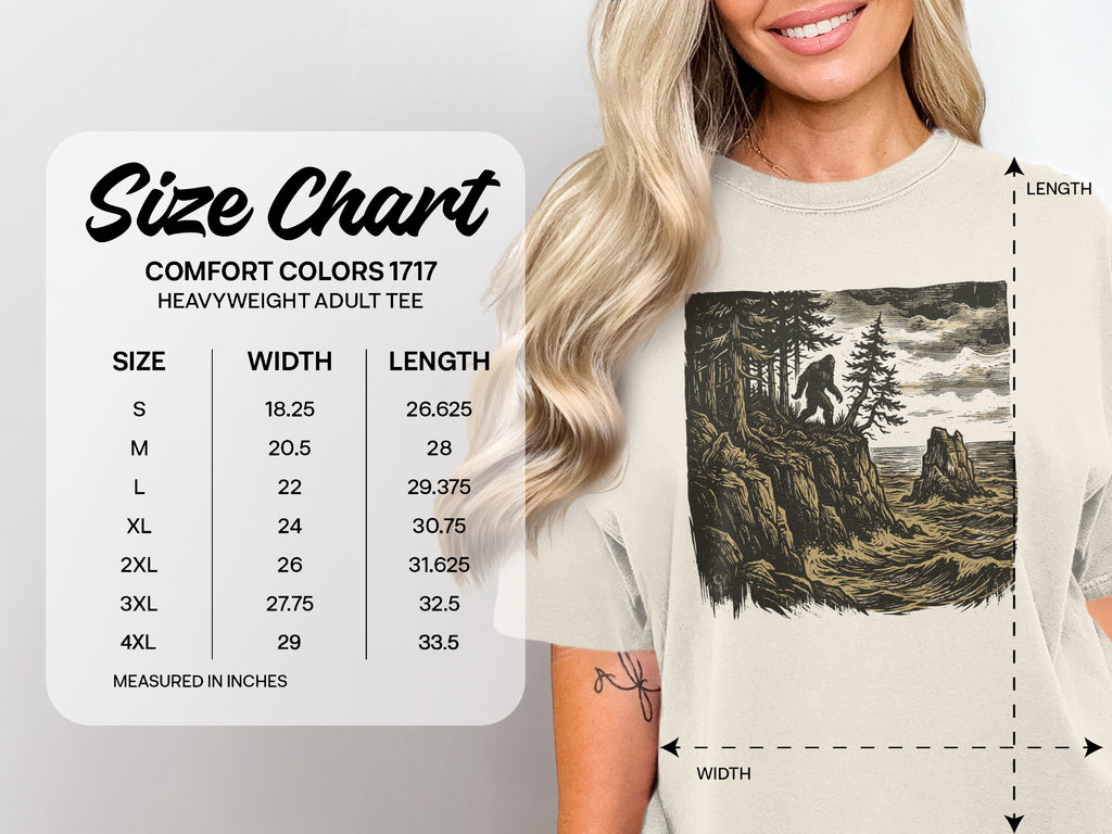 Comfort Colors 1717 heavyweight adult tee size chart with width and length measurements.