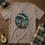 Oar and crashing wave design on a t-shirt.