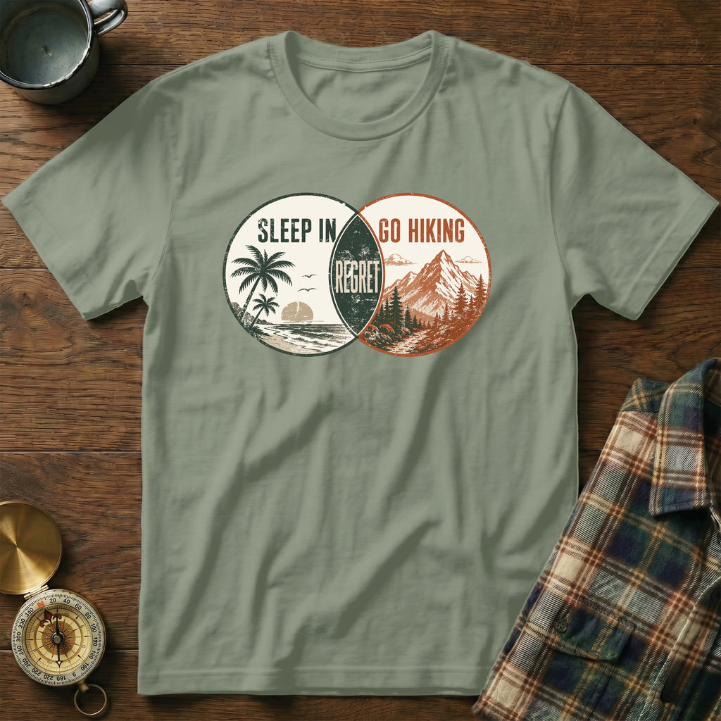 T-shirt with "Sleep In" beach scene and "Go Hiking" mountain scene, "Regret" in the middle.