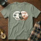 T-shirt with "Sleep In" beach scene and "Go Hiking" mountain scene, "Regret" in the middle.