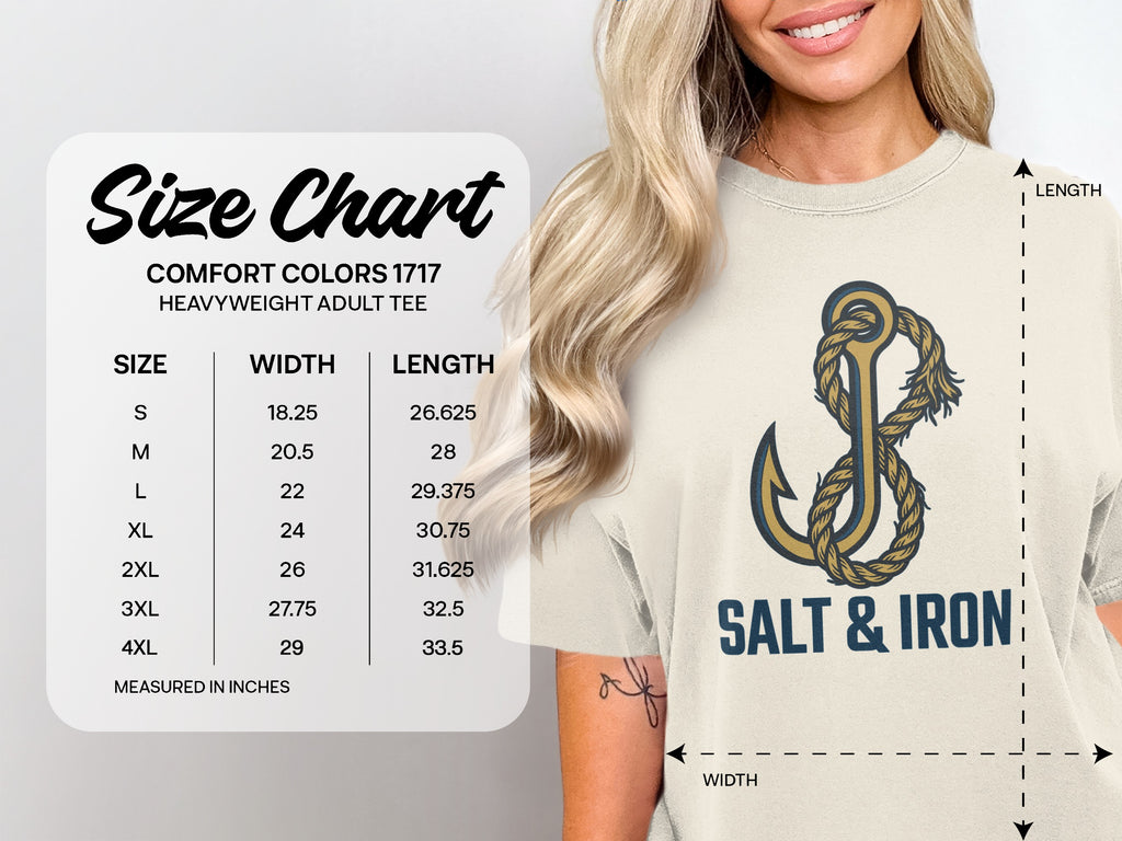 Size chart for Comfort Colors 1717 heavyweight adult tee with measurements.