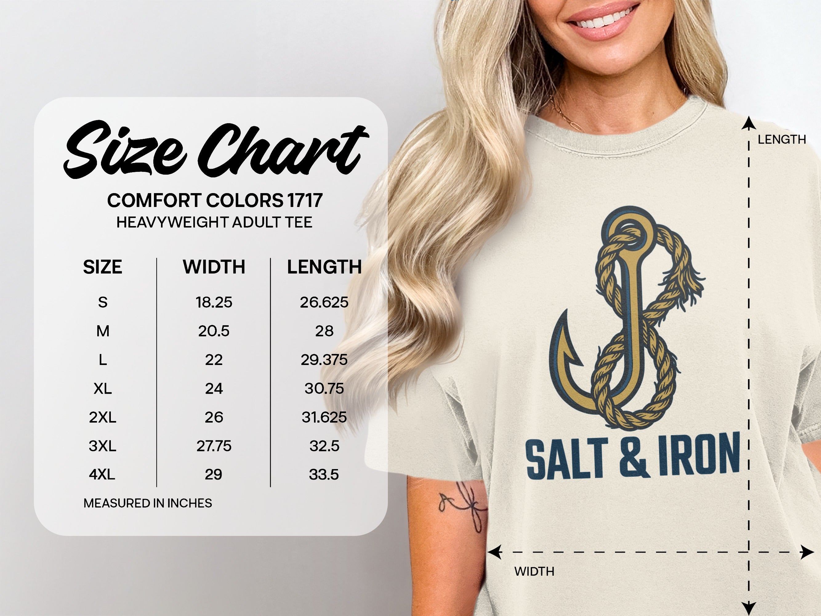 Size chart for Comfort Colors 1717 heavyweight adult tee with measurements.
