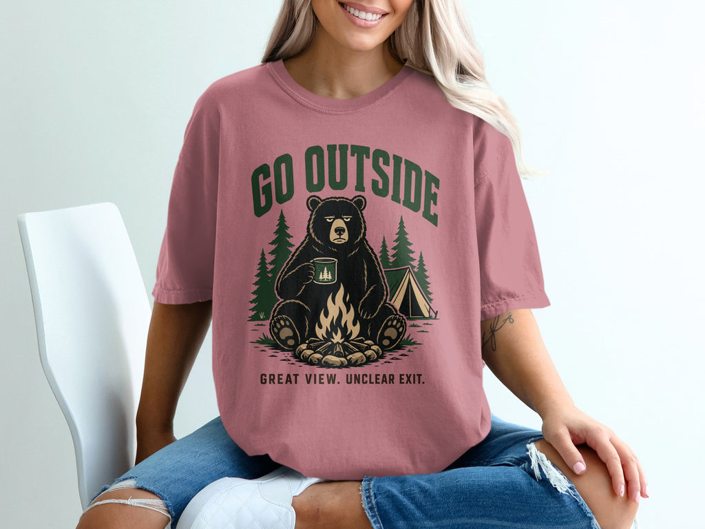Bear and campfire graphic with text "GO OUTSIDE" and "GREAT VIEW. UNCLEAR EXIT."