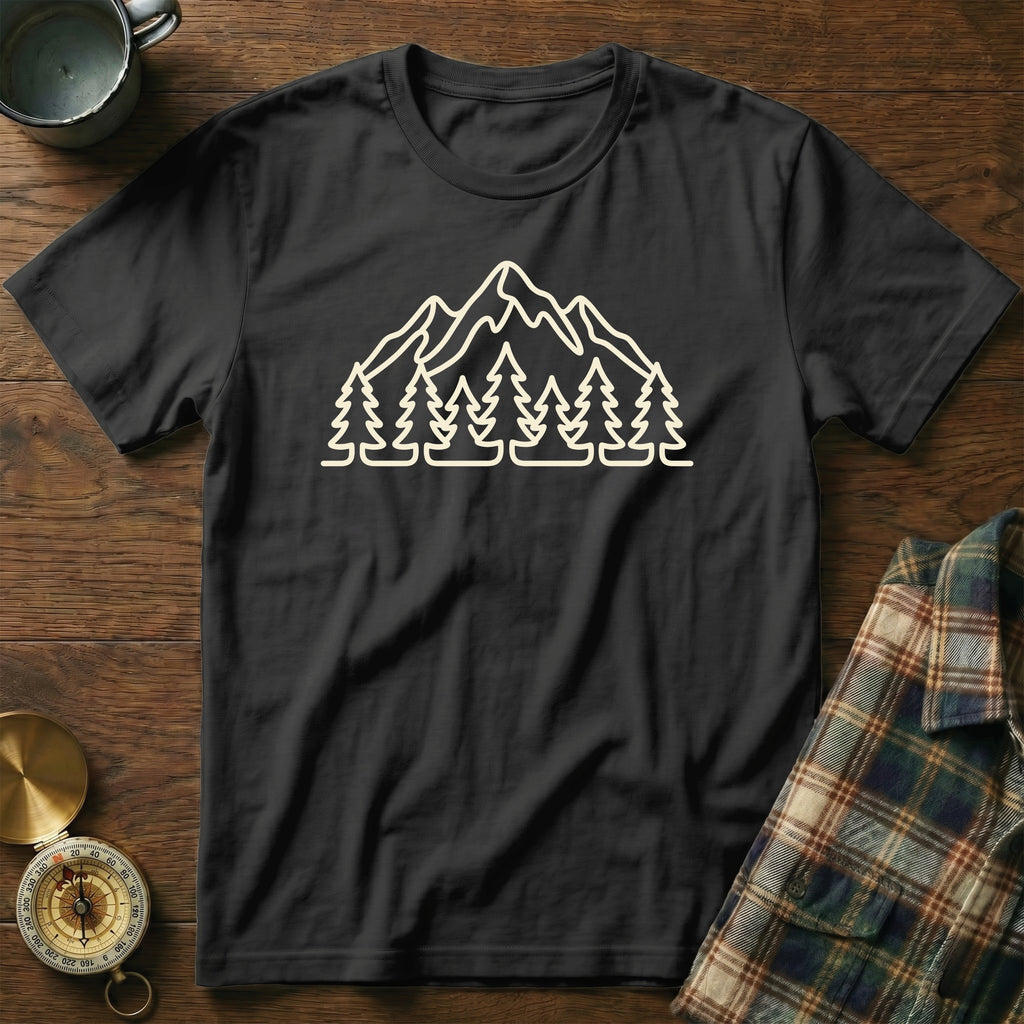 Black t-shirt with outline graphic of mountains and trees.