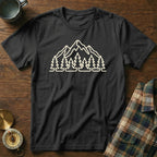 Black t-shirt with outline graphic of mountains and trees.