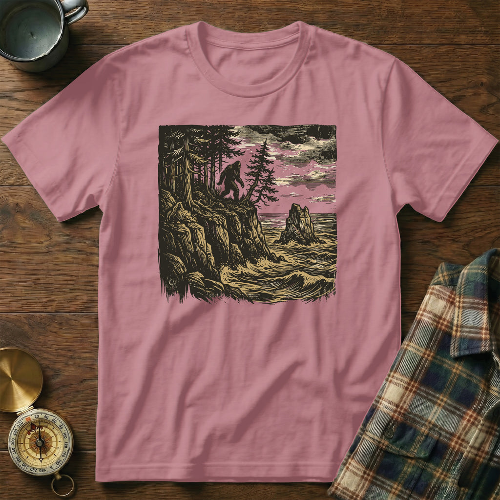 Bigfoot silhouette on a cliff overlooking a stormy sea with pine trees.