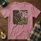 Bigfoot silhouette on a cliff overlooking a stormy sea with pine trees.