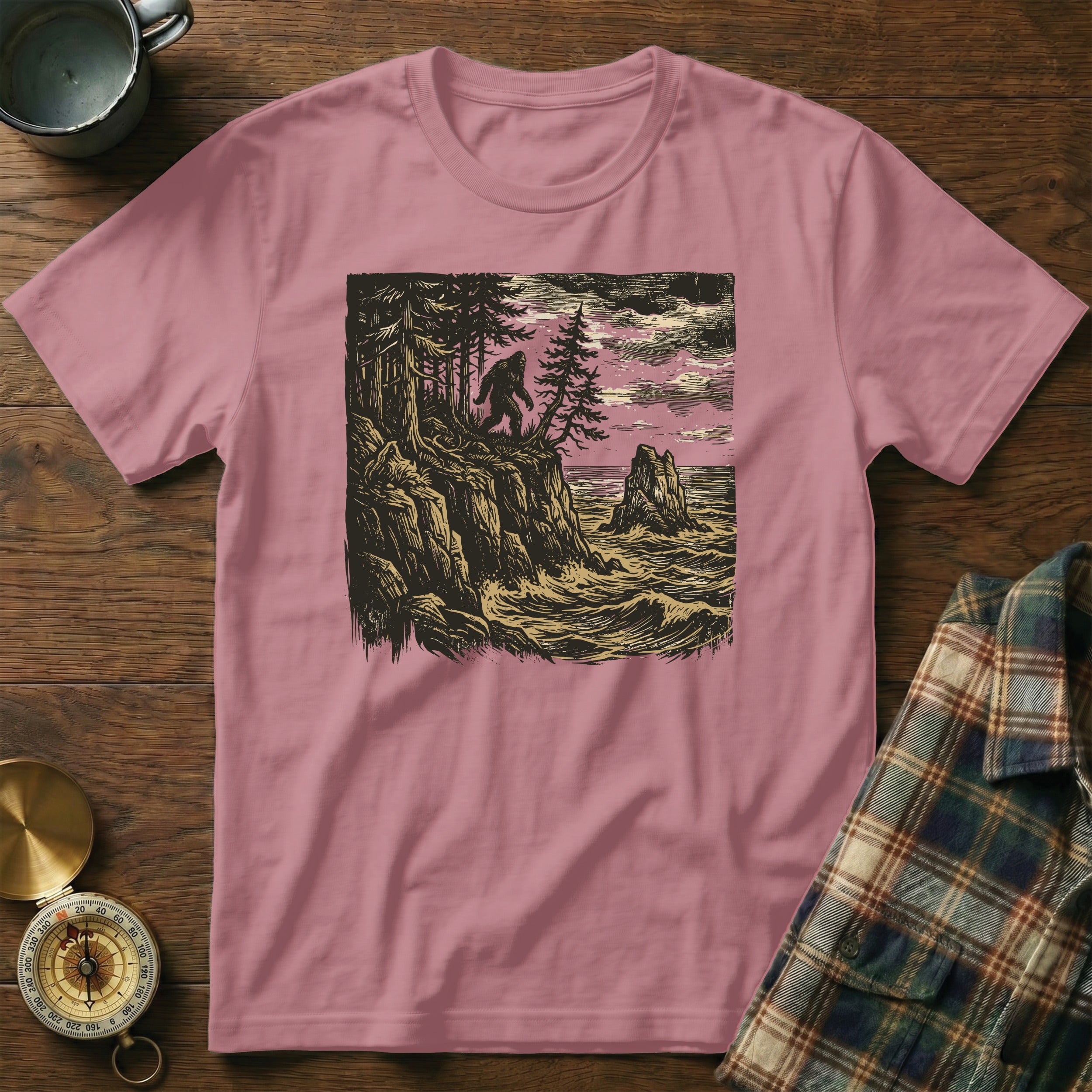 Bigfoot silhouette on a cliff overlooking a stormy sea with pine trees.