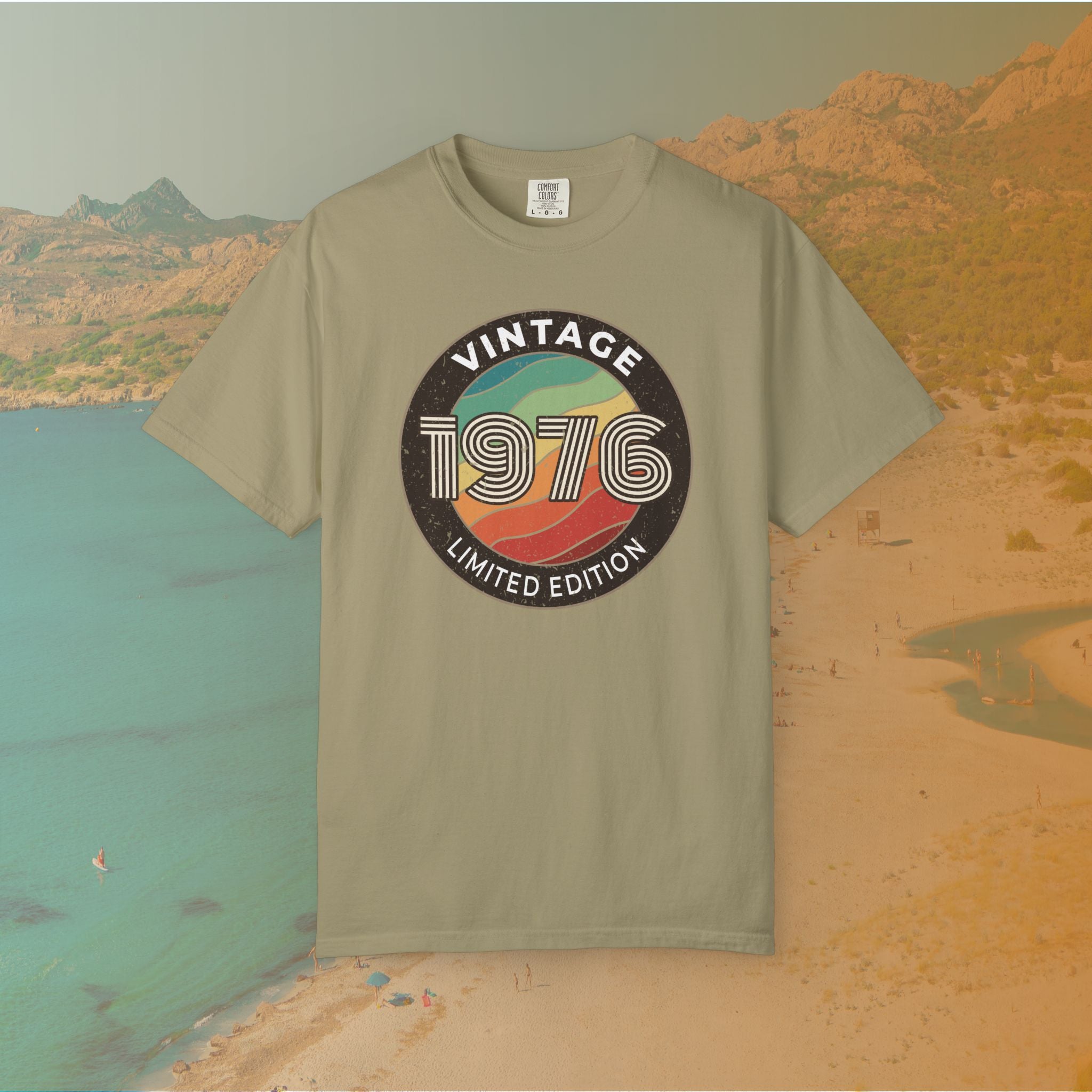Khaki Retro-style circular graphic featuring the year 1976 in a bold, lined font over a distressed, multi-colored wavy background. The outer border reads "VINTAGE" at the top and "LIMITED EDITION" at the bottom. 