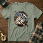 T-shirt with vintage compass, fishing rod, and trout design.