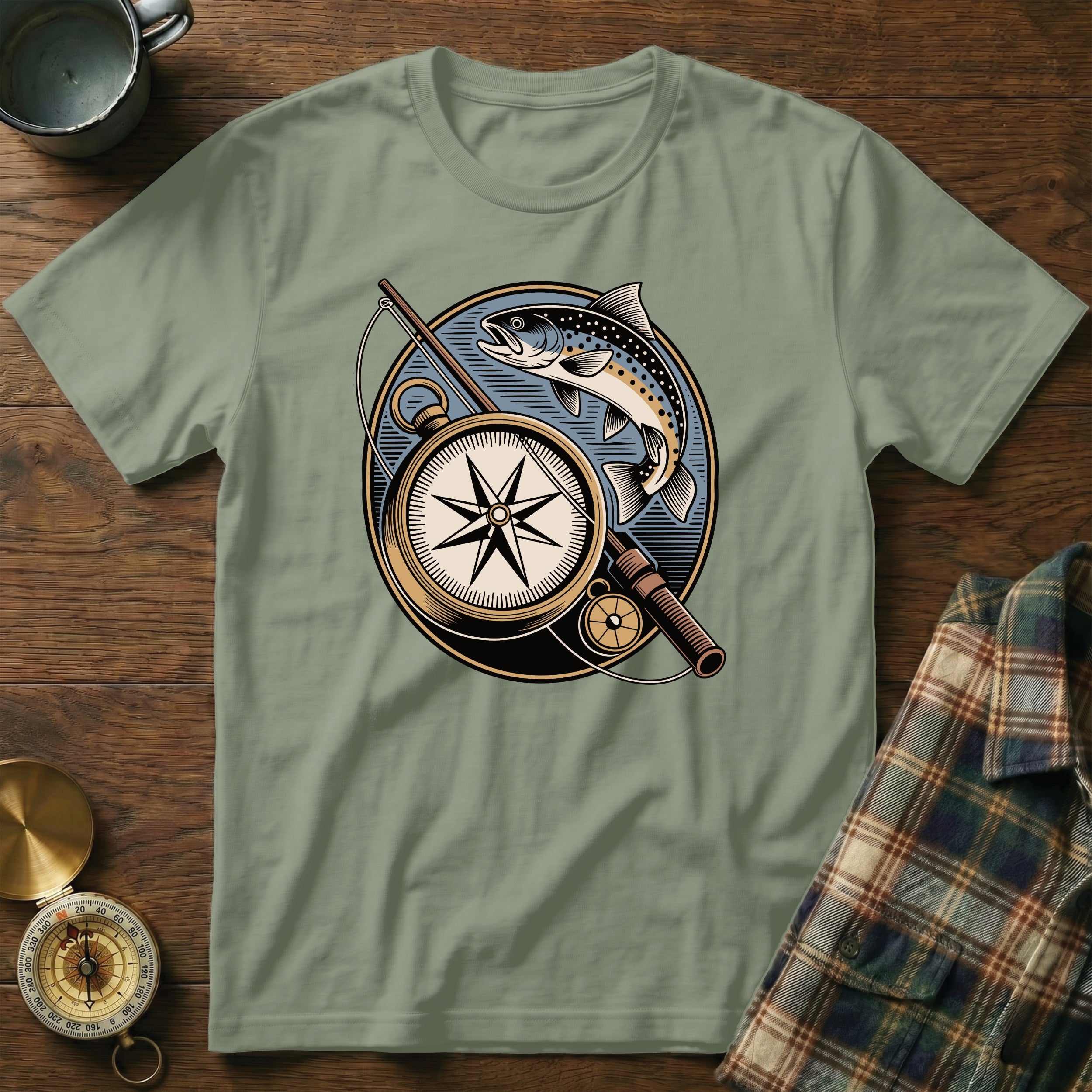 T-shirt with vintage compass, fishing rod, and trout design.