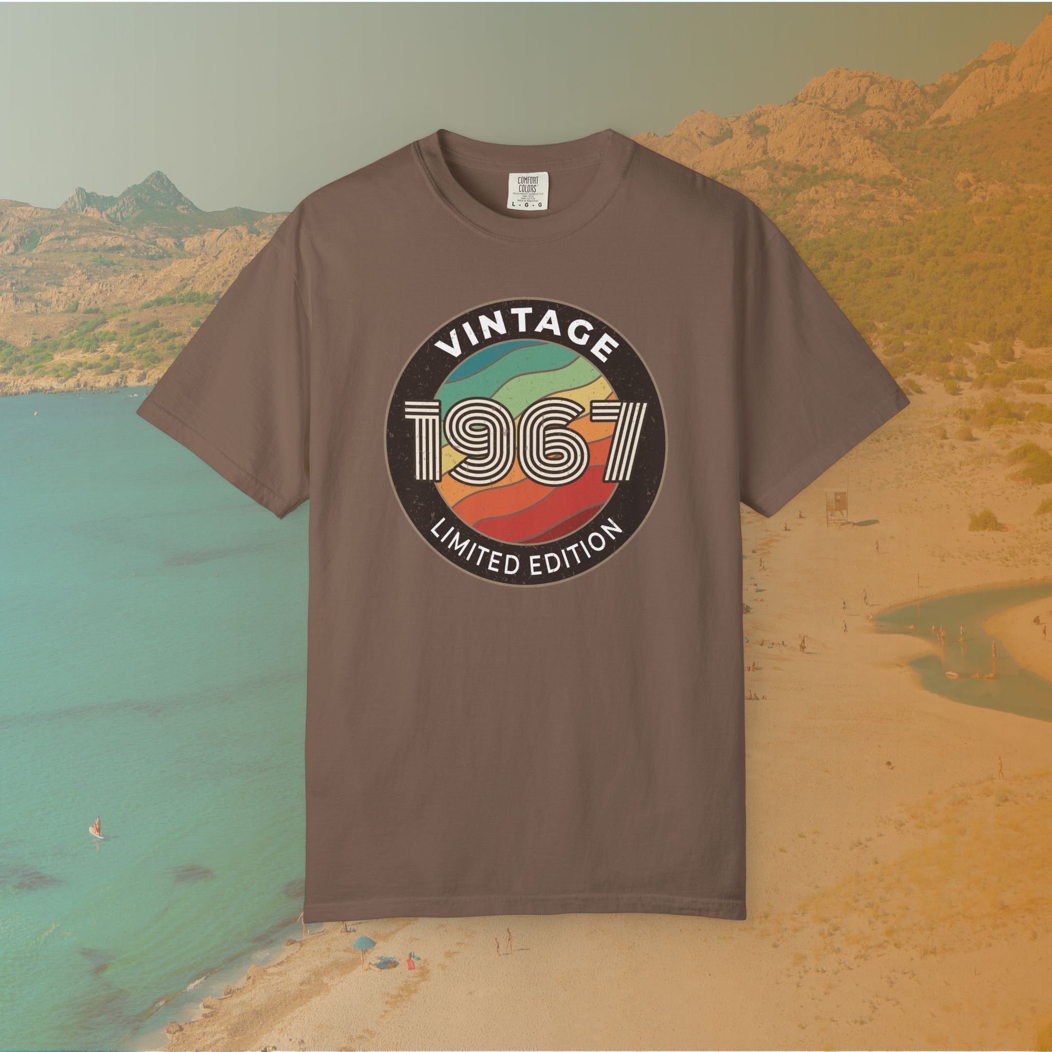 Brown Retro-style circular graphic featuring the year 1967 in a bold, lined font over a distressed, multi-colored wavy background. The outer border reads "VINTAGE" at the top and "LIMITED EDITION" at the bottom. 