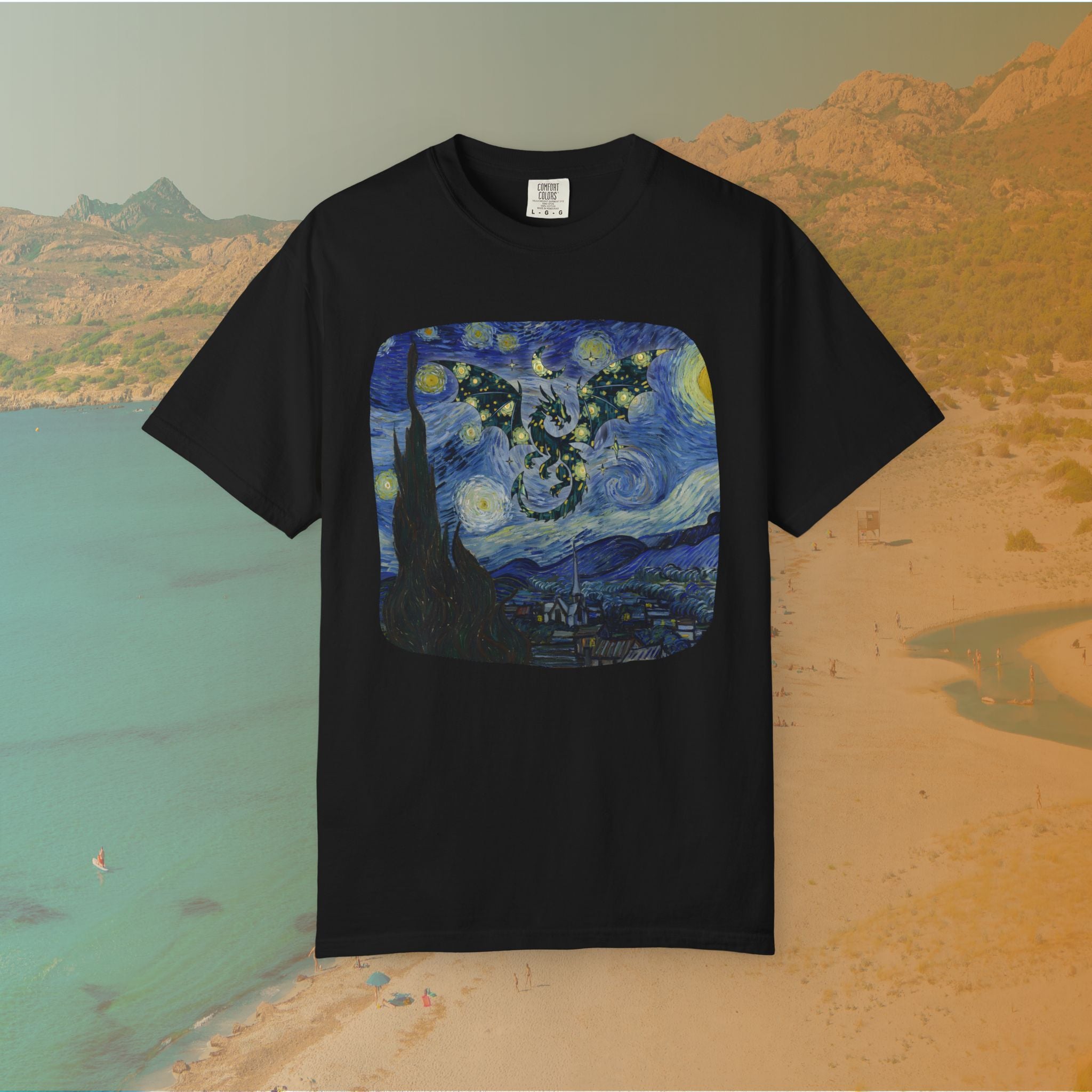 black t-shirt Van Gogh Starry Night-inspired painting with a dragon silhouette made of stars flying across a swirling night sky for dragoncore theme