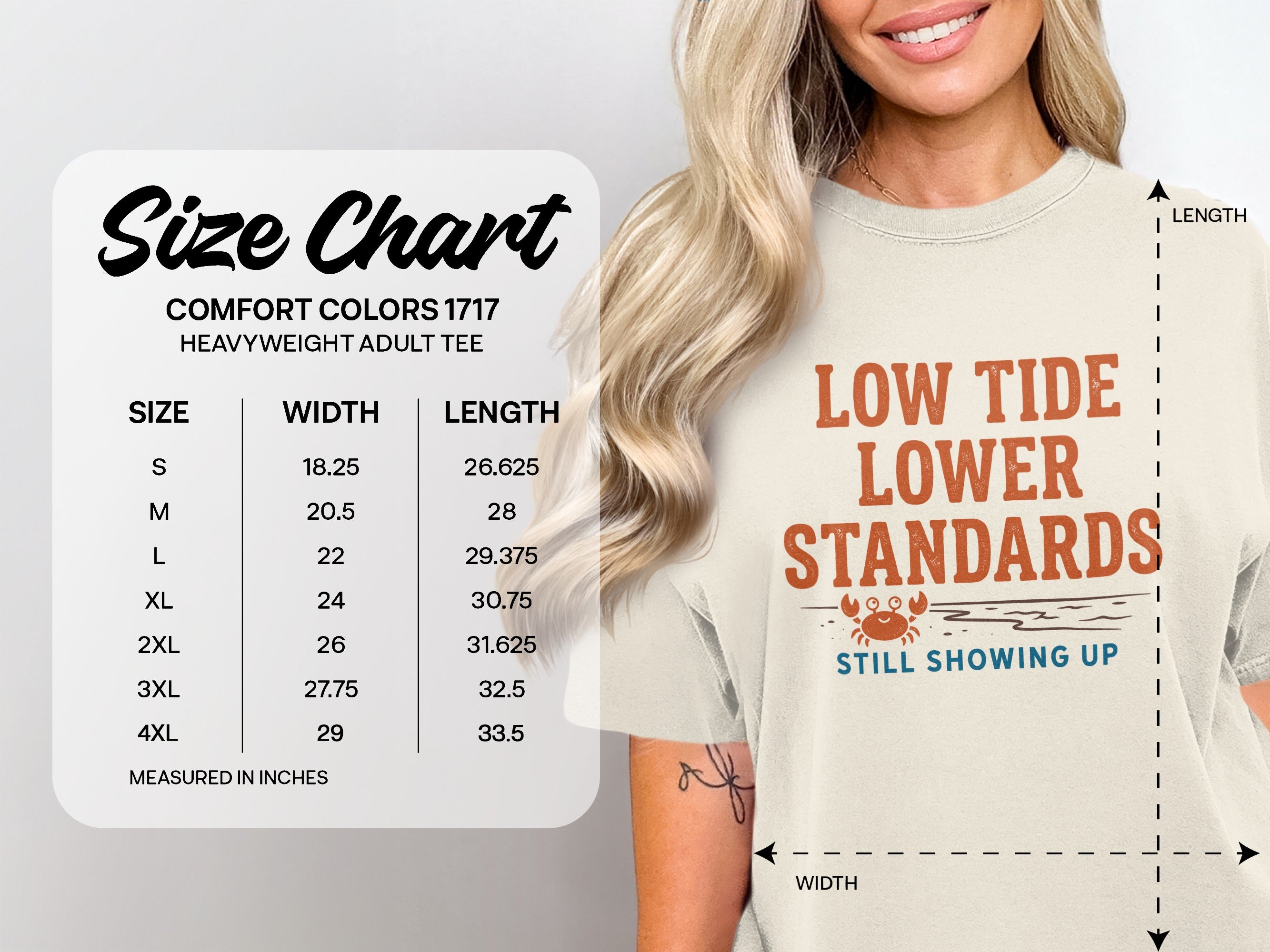 Size chart for Comfort Colors 1717 heavyweight adult tee, with sizes S-4XL.