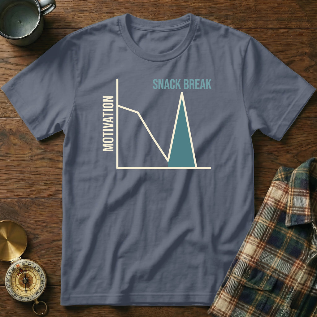 Blue t-shirt with a graph showing "Motivation" dropping then spiking, labeled "SNACK BREAK".