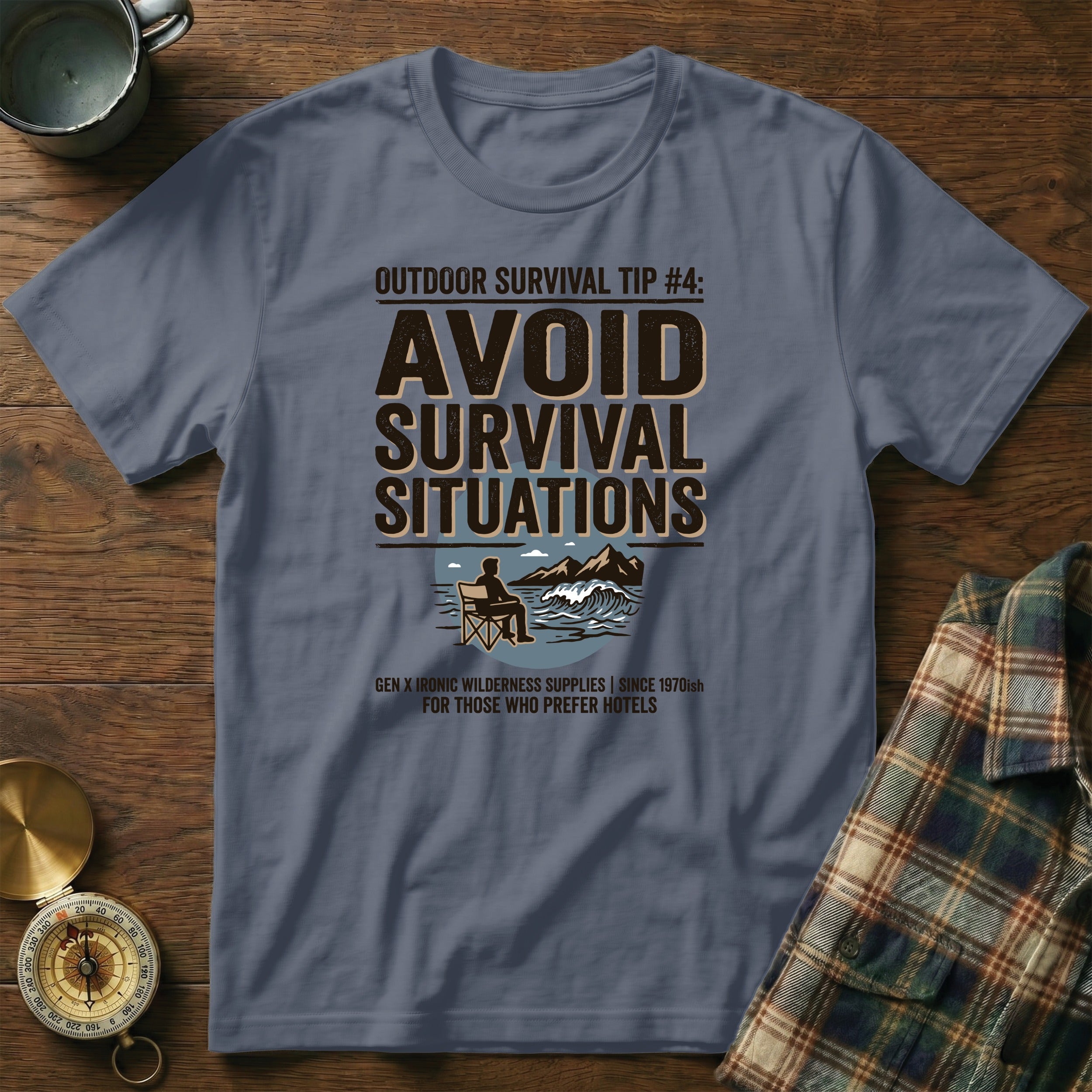 T-shirt with "AVOID SURVIVAL SITUATIONS" text and outdoor graphic.