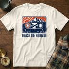 White t-shirt with a distressed cassette tape graphic featuring mountains and text "CHASE THE HORIZON".