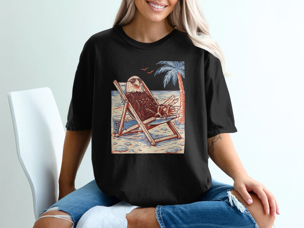 Bald eagle wearing sunglasses relaxing in a beach chair on a tropical beach.