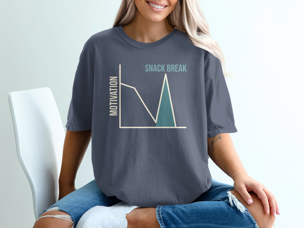 T-shirt with graph showing motivation dropping and rising labeled "Snack Break".