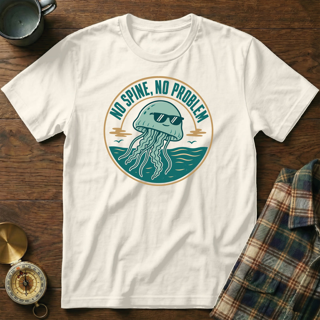White t-shirt with a circular graphic of a smiling jellyfish wearing sunglasses.