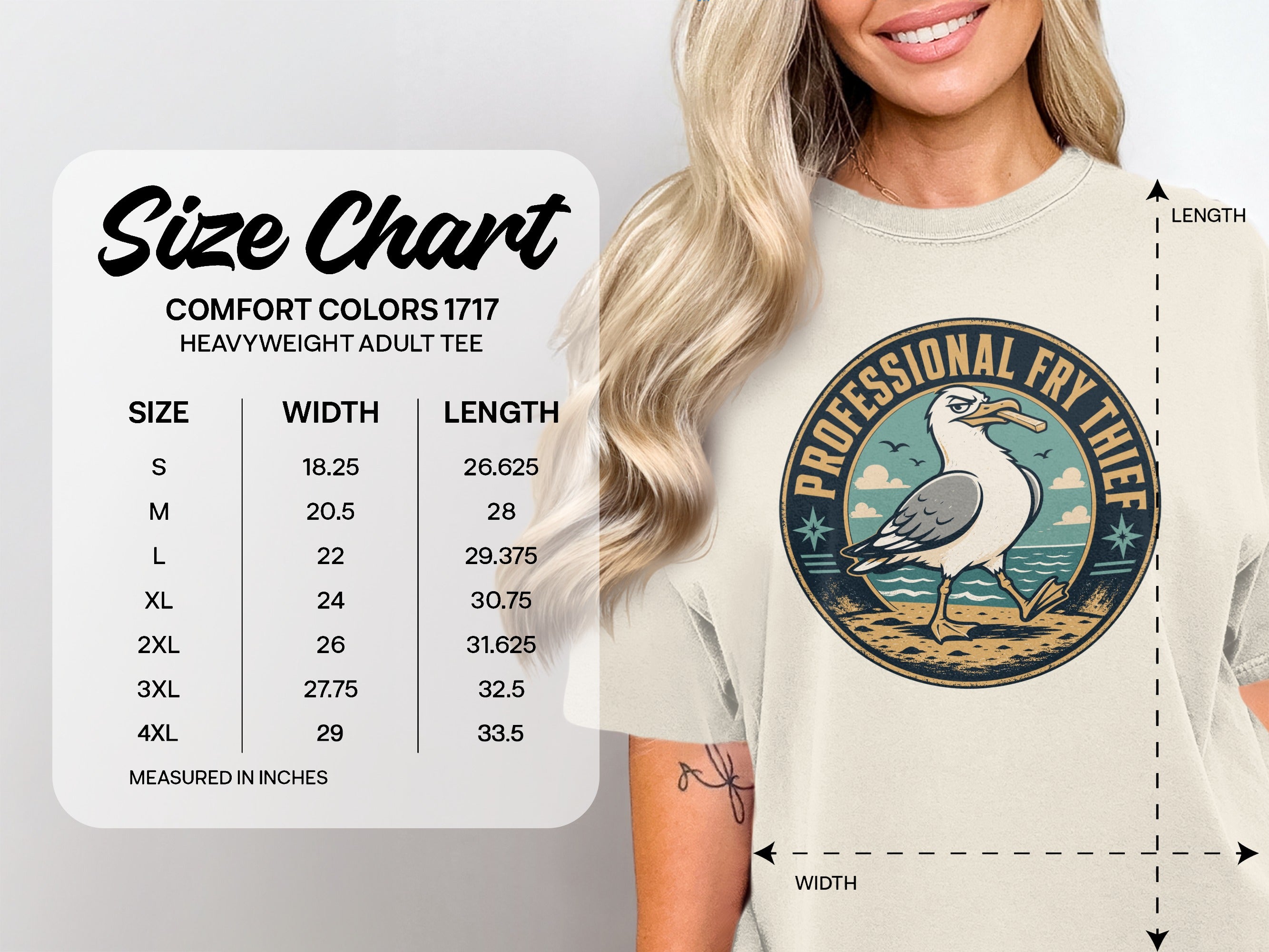 Size chart for Comfort Colors 1717 heavyweight adult tee, with width and length measurements.