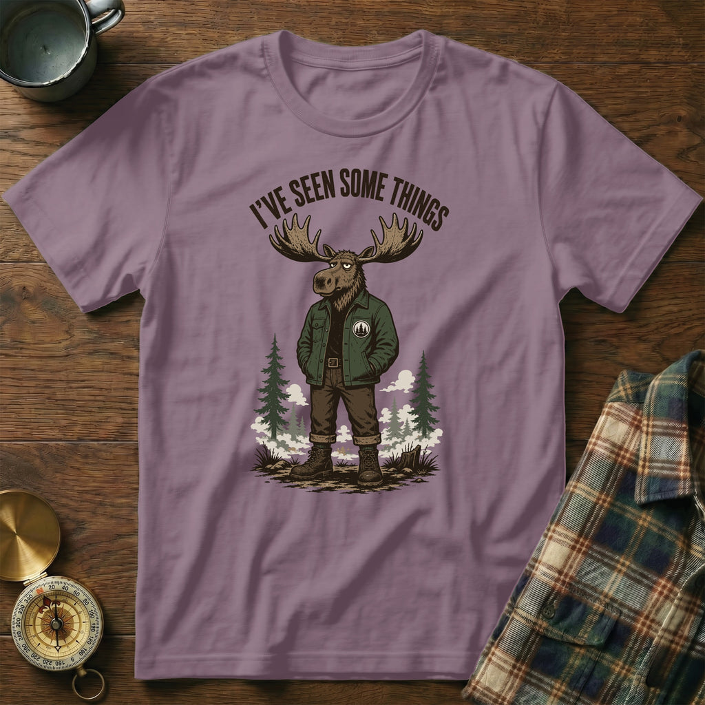 Moose wearing a jacket and boots with text "I'VE SEEN SOME THINGS".