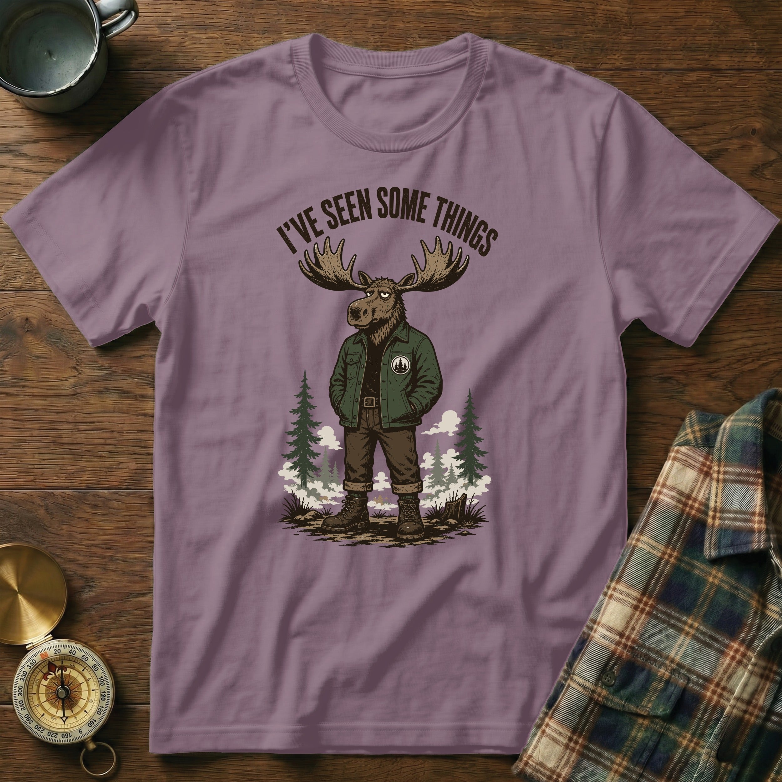 Moose wearing a jacket and boots with text "I'VE SEEN SOME THINGS".