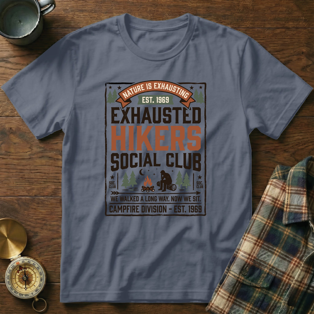Exhausted Hikers Social Club t-shirt with campfire and mountains design.