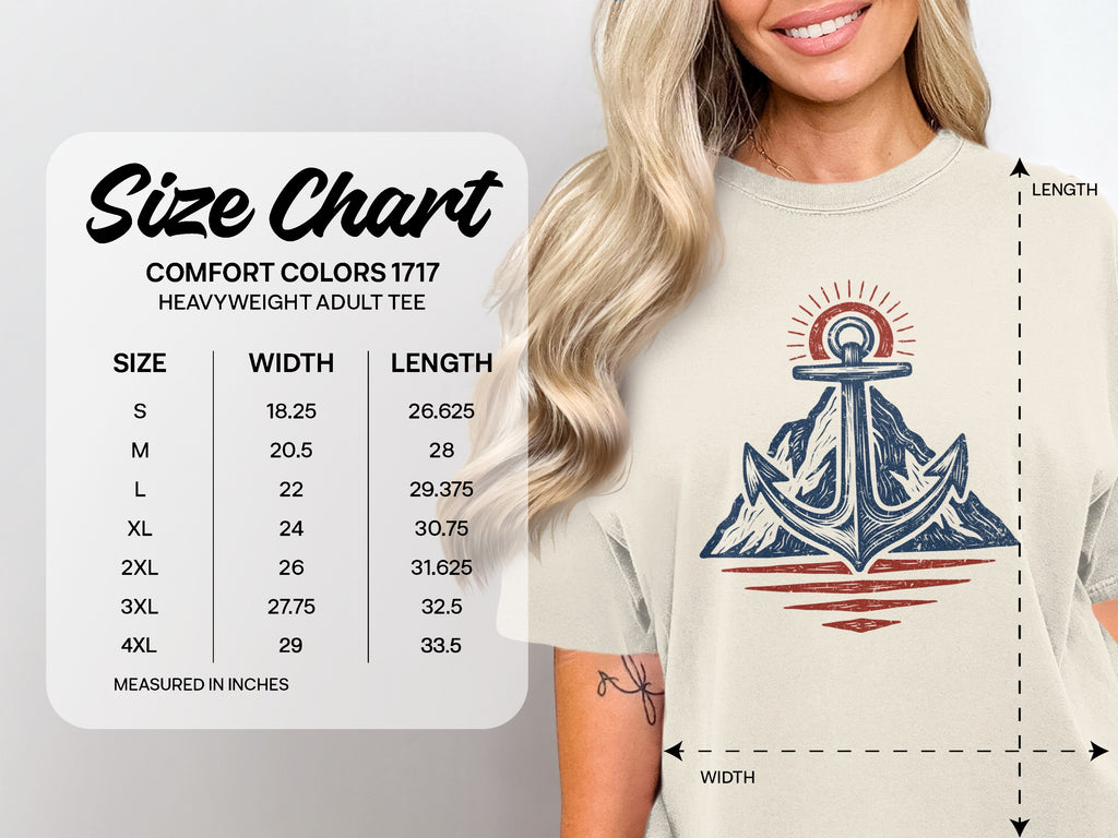 Comfort Colors 1717 heavyweight adult tee size chart with width and length measurements.