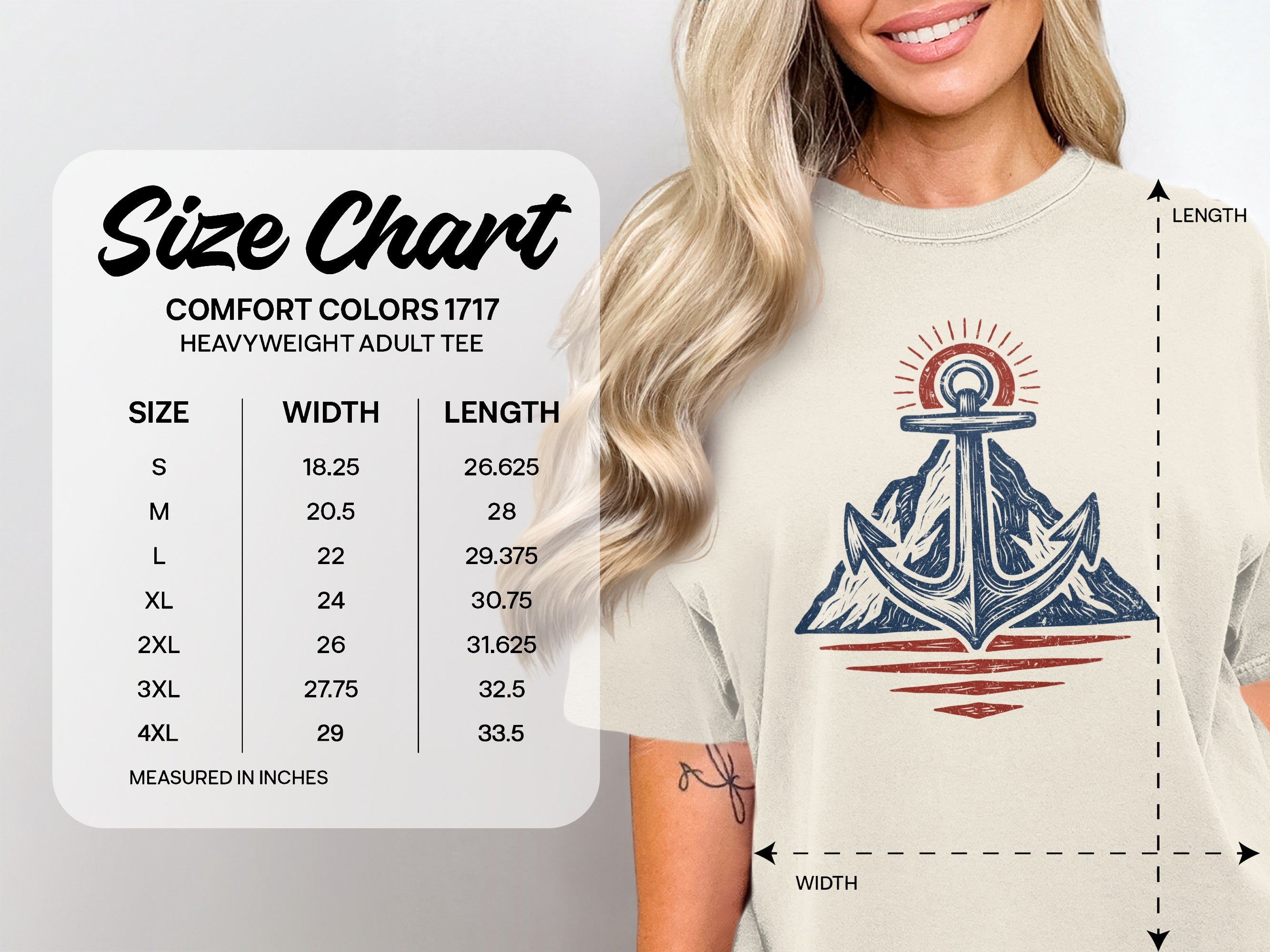 Comfort Colors 1717 heavyweight adult tee size chart with width and length measurements.
