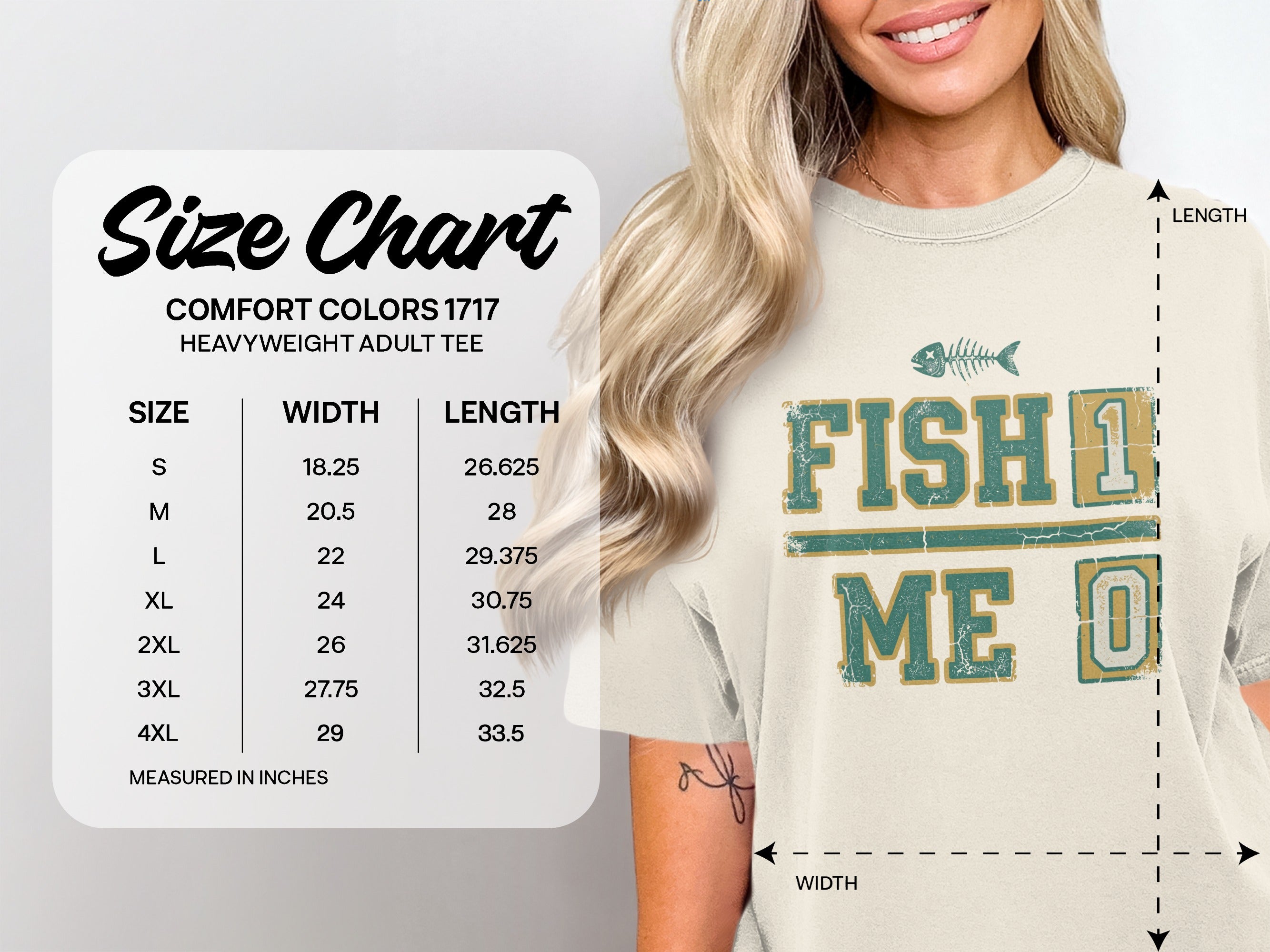 Comfort Colors 1717 heavyweight t-shirt size chart with measurements in inches.