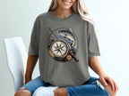 T-shirt graphic with compass, fishing rod, and leaping salmon.