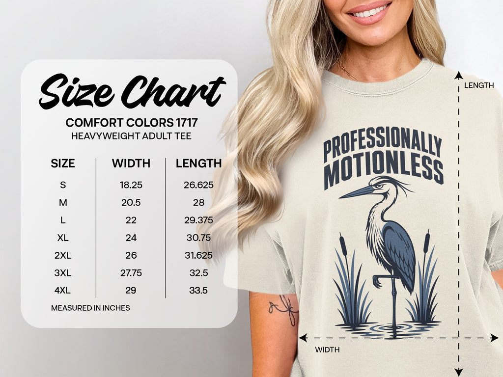 Size chart for Comfort Colors 1717 heavyweight adult tee, featuring measurements.