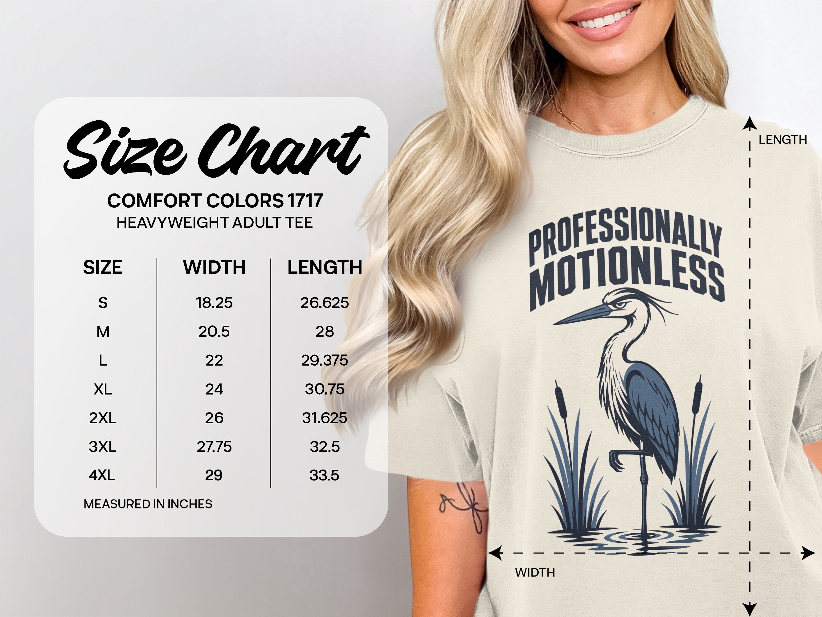 Size chart for Comfort Colors 1717 heavyweight adult tee, featuring measurements.