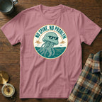 A dusty rose t-shirt with a graphic of a smiling jellyfish wearing sunglasses, stating "No Spine, No Problem."
